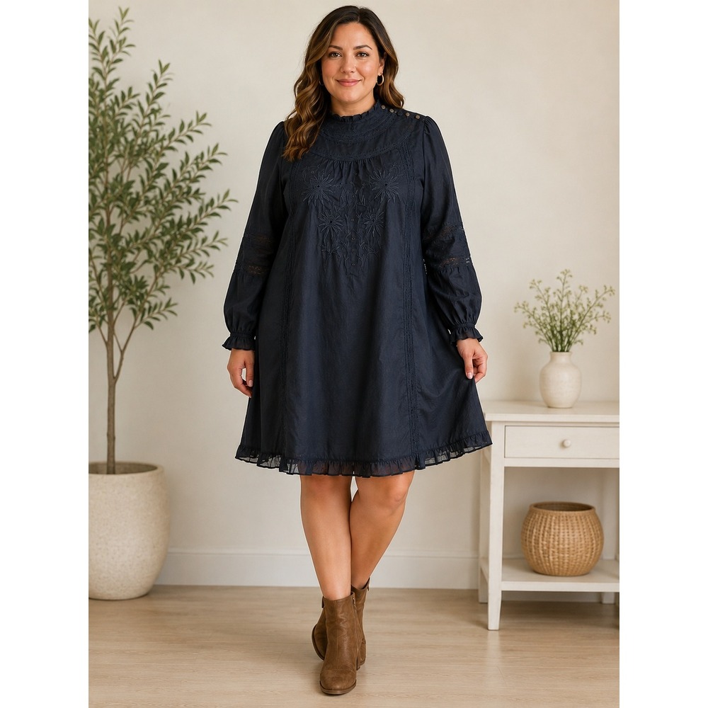 J. Crew Black Cotton Embroidered Lace Trim Mock Neck Mini Dress XL